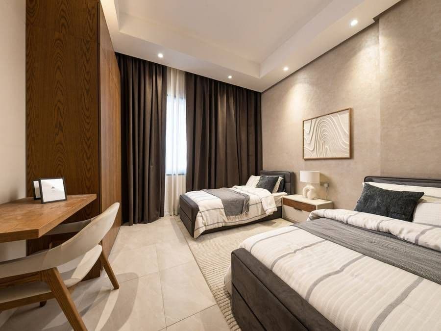Bedroom with built-in timber wardrobes
