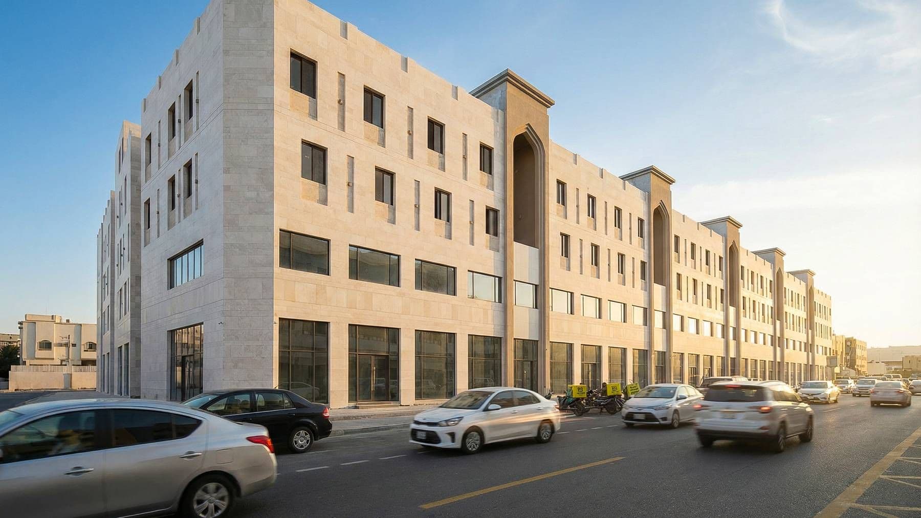 DARI Residences, a limestone façade with pointed arches on Old Airport Road