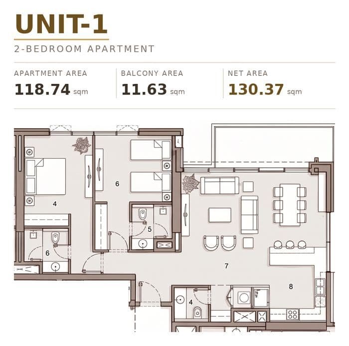 Floor plan, two-bedroom apartment, Units 04 / 01