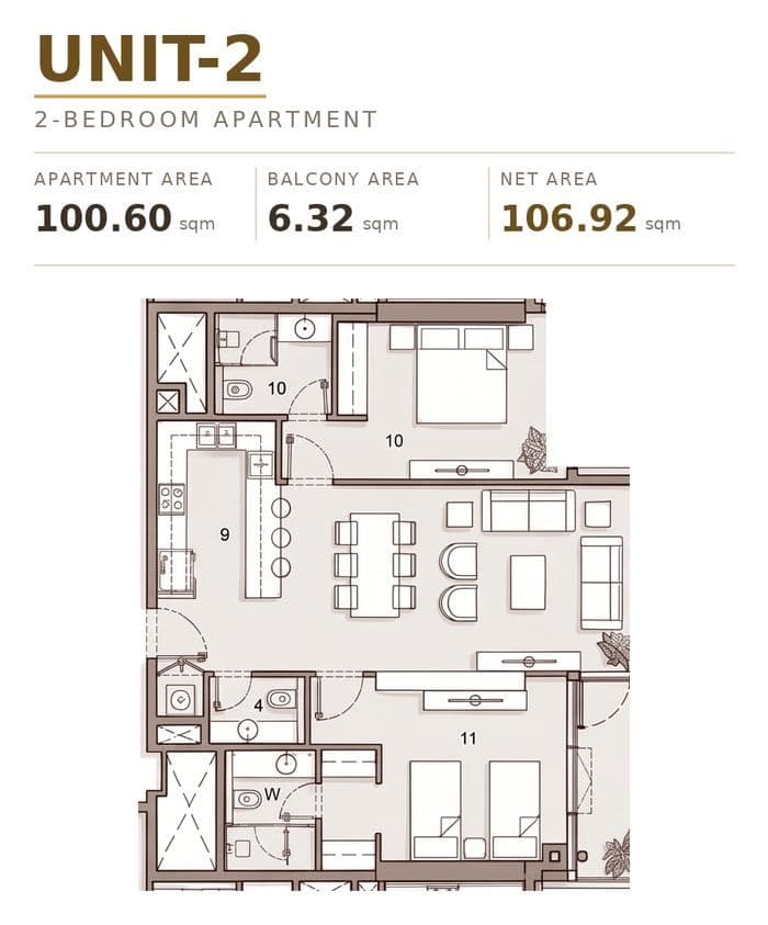 Floor plan, two-bedroom apartment, Units 02 / 05