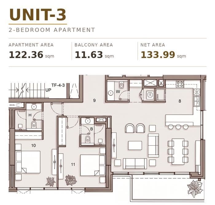 Floor plan, two-bedroom apartment, Units 03 / 06