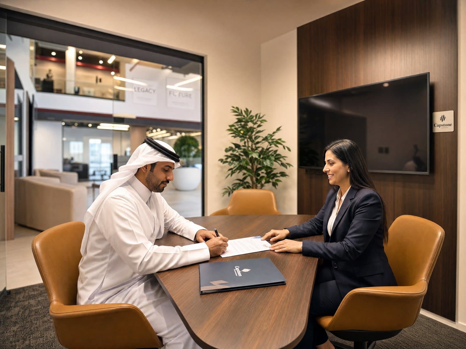 A Capstone Property adviser reviewing and signing paperwork with a client in the Doha office