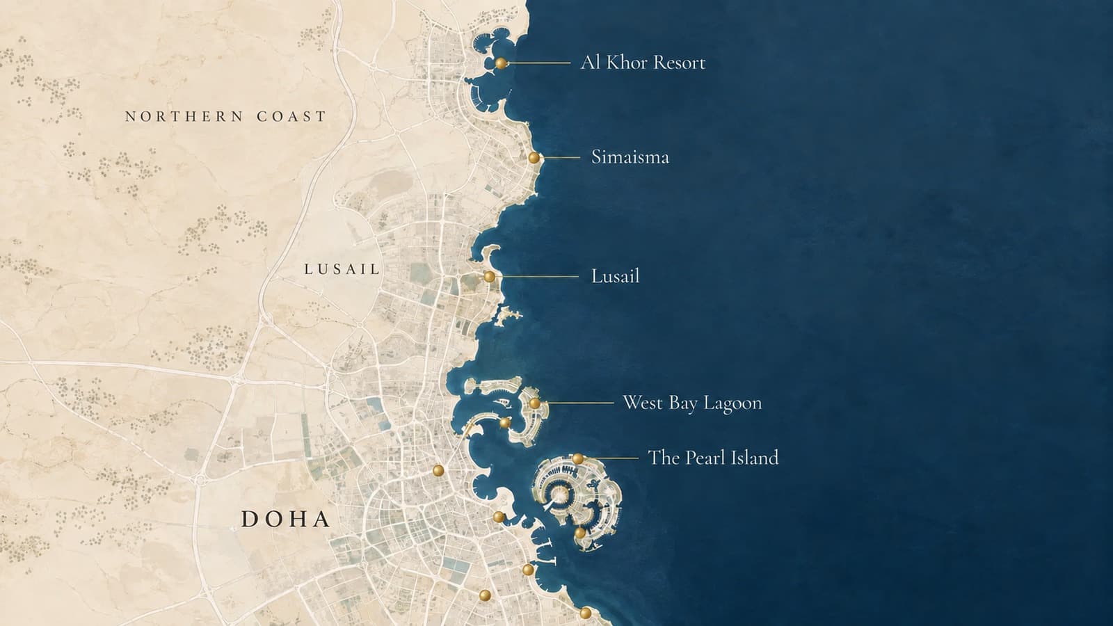 Map of Qatar's coast marking the freehold areas Al Khor Resort, Simaisma, Lusail, West Bay Lagoon and The Pearl Island